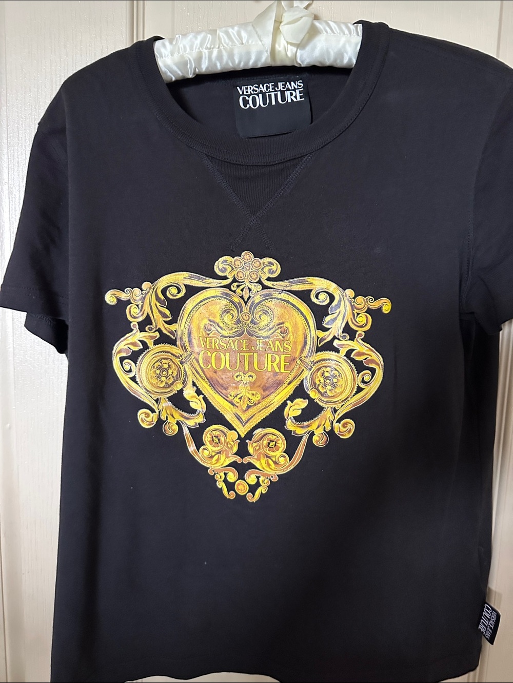 Versace Jeans Couture Kids Black Tee with Gold Baroque Heart